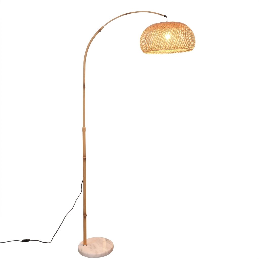 Nelvara Adjustable Arc Floor Lamp With Woven Rattan Shade And Marble Base