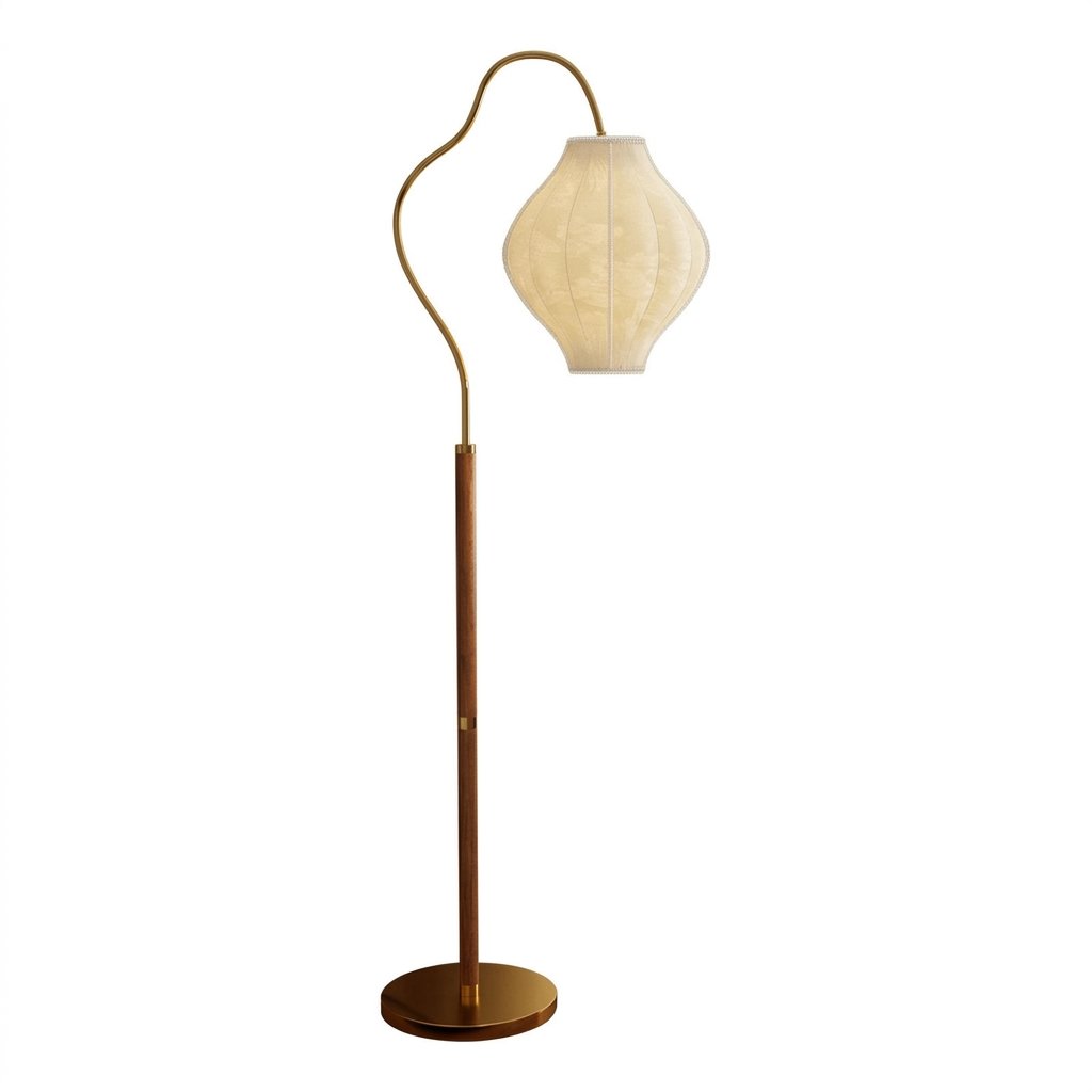 Lanaris Arc Floor Lamp with Pleated Fabric Shade and Walnut Finish Pole