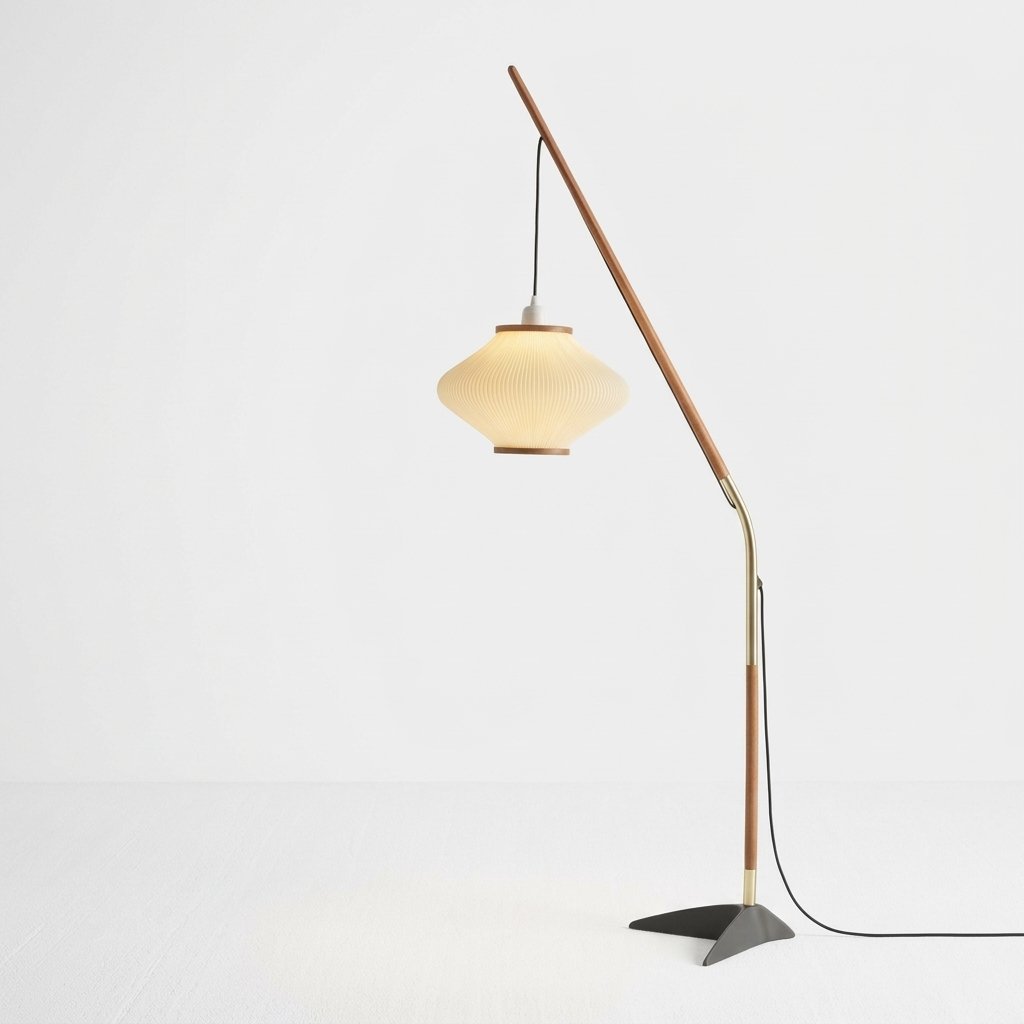 Arcivello Pleated Arc Floor Lamp with Walnut Tone Arm and Cream Ribbed Shade