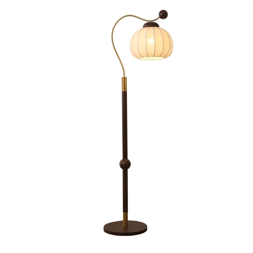 Pilovelle Retro Arc Floor Lamp With Pleated Pumpkin Shade and Walnut Finish pole