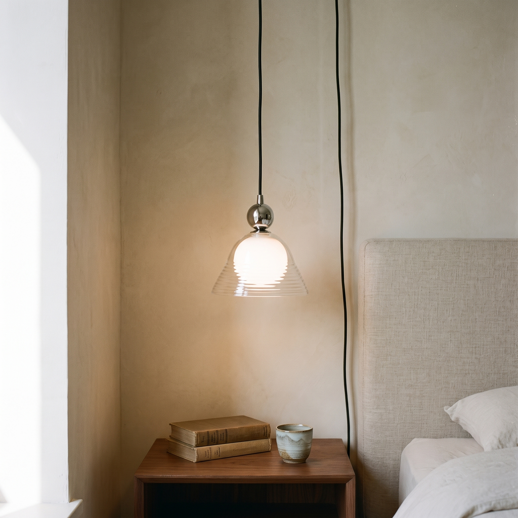 Ribbed Glass Pendant Light with Double Layer Shade for Soft Illumination