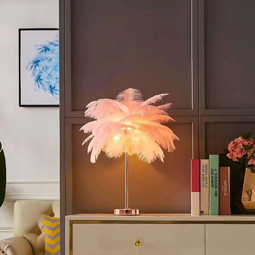 Feather Table Lamp With Metal Stem and Round Base for Ambient Lighting