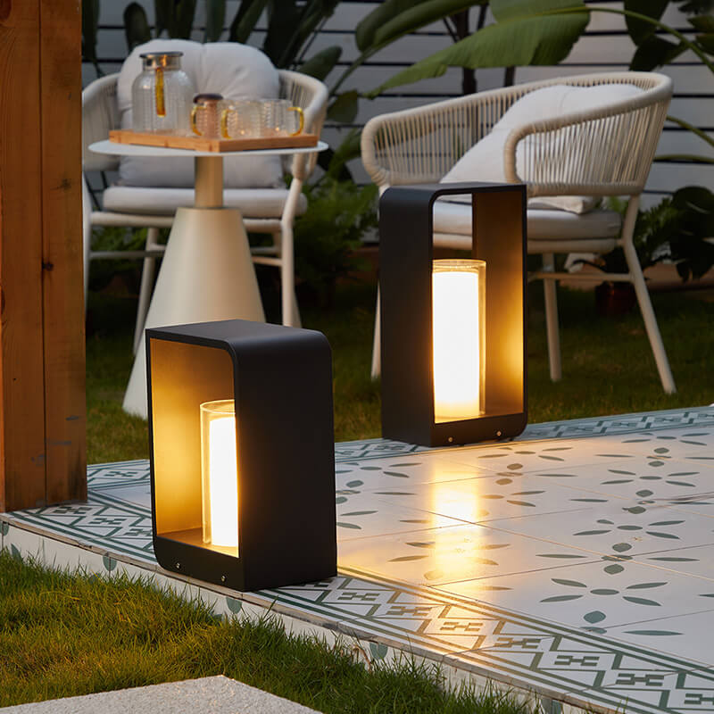 Black Rectangular Solar Outdoor Lantern with Frosted Glass for Garden Lighting