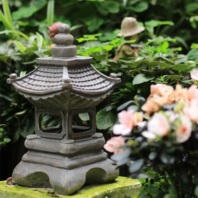 Solar Powered Resin Pagoda Garden Light in Stone Finish