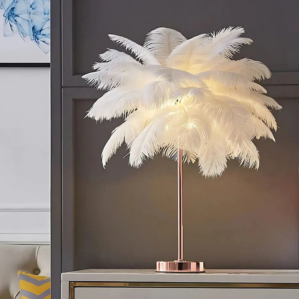 Feather Table Lamp With Metal Stem and Round Base for Ambient Lighting