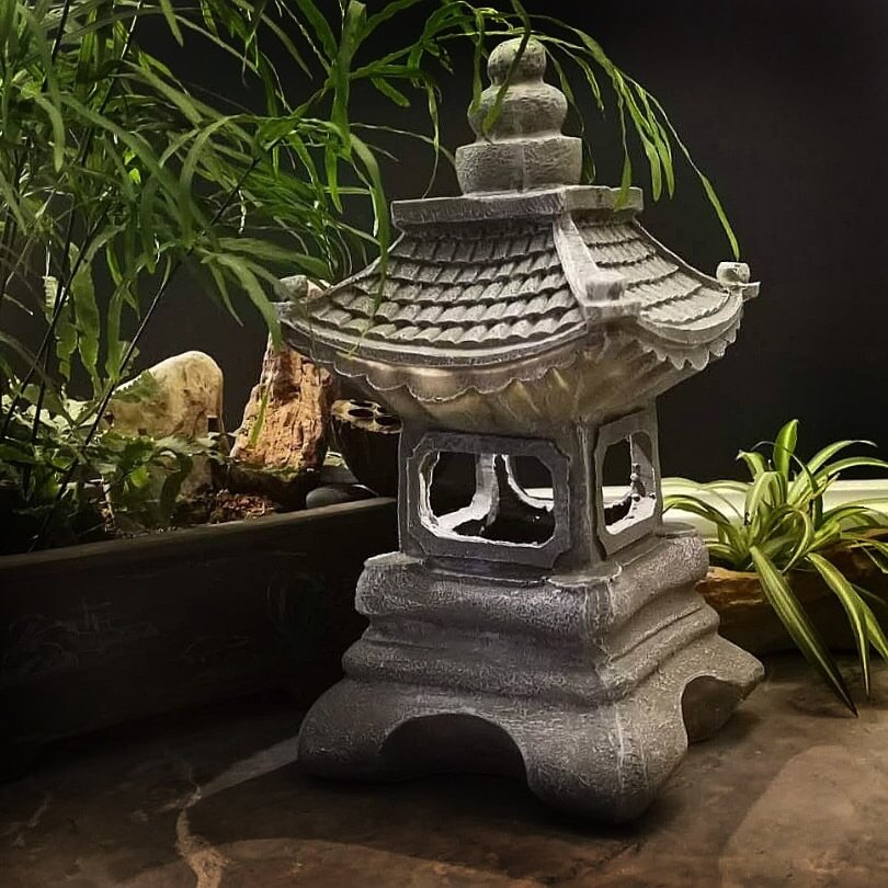 Solar Powered Resin Pagoda Garden Light in Stone Finish