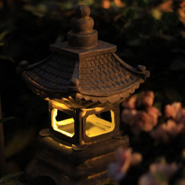 Solar Powered Resin Pagoda Garden Light in Stone Finish