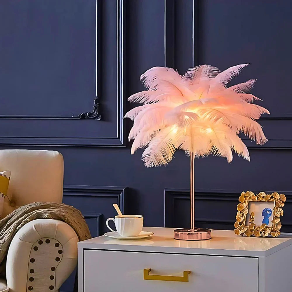 Feather Table Lamp With Metal Stem and Round Base for Ambient Lighting