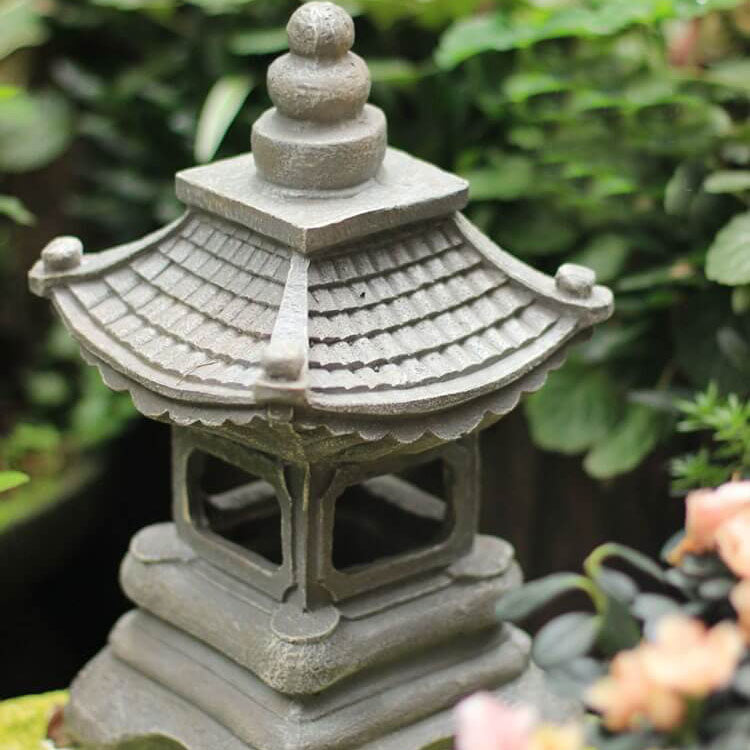 Solar Powered Resin Pagoda Garden Light in Stone Finish