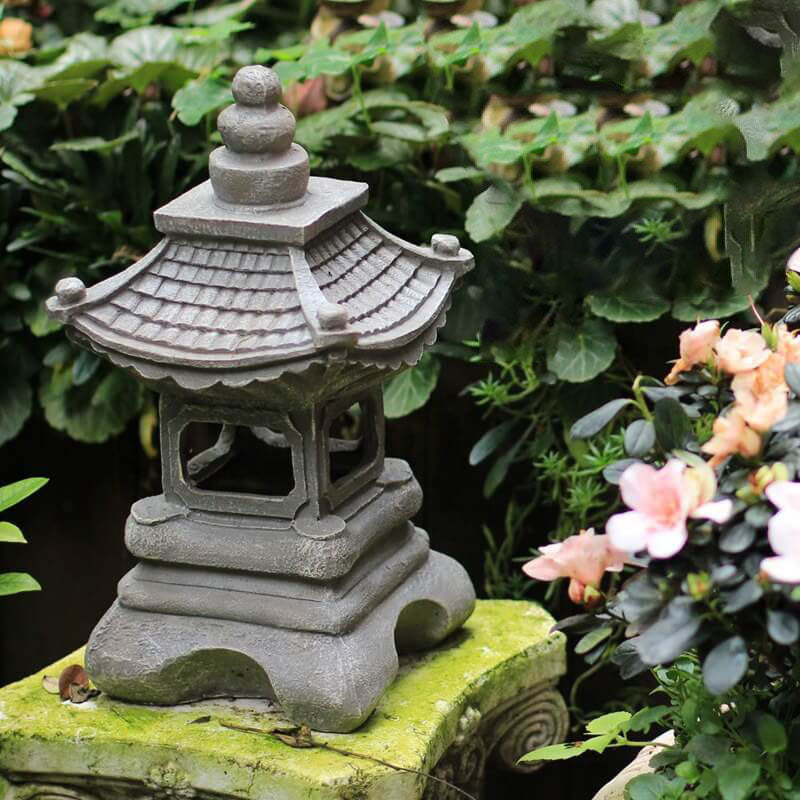 Solar Powered Resin Pagoda Garden Light in Stone Finish