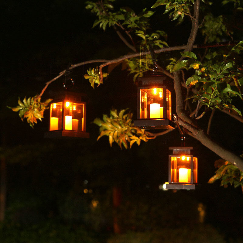 Solar Hanging Lantern with LED Candle and Glass Panels Outdoor Light