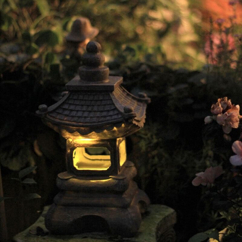 Solar Powered Resin Pagoda Garden Light in Stone Finish
