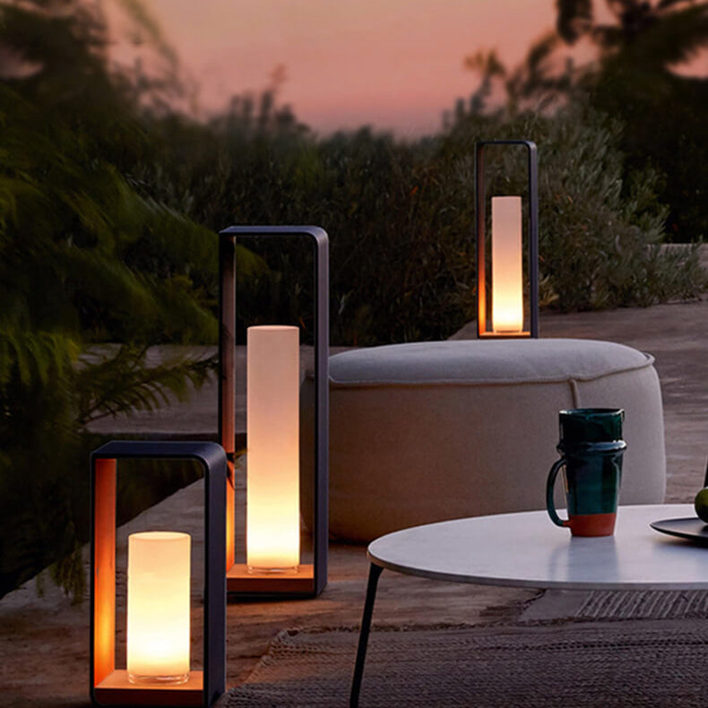 Black Rectangular Solar Outdoor Lantern with Frosted Glass for Garden Lighting