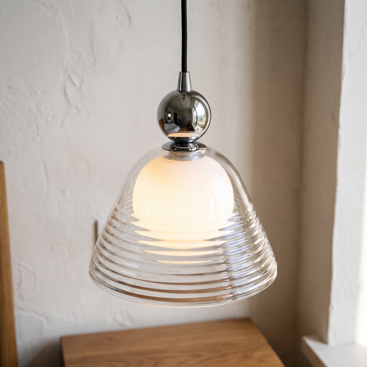 Ribbed Glass Pendant Light with Double Layer Shade for Soft Illumination