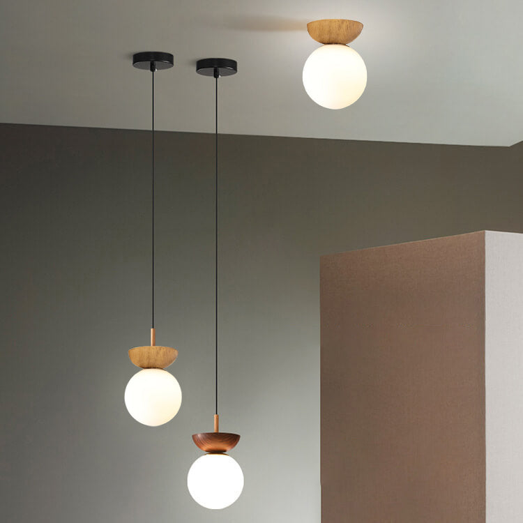 Single Globe Ceiling Light with Frosted Glass and Wooden Detail
