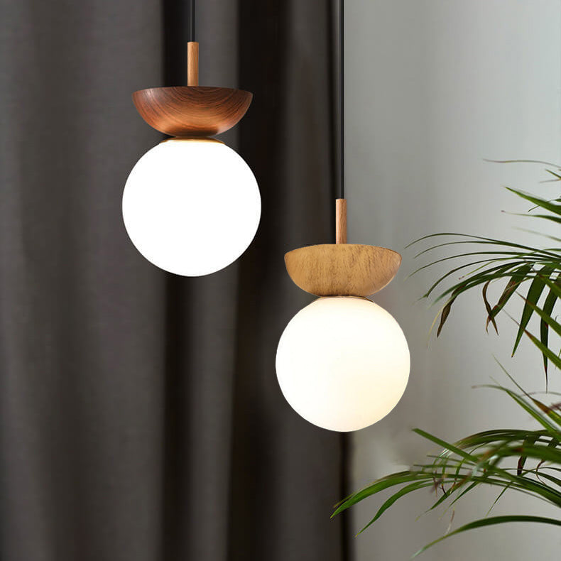 Single Globe Ceiling Light with Frosted Glass and Wooden Detail