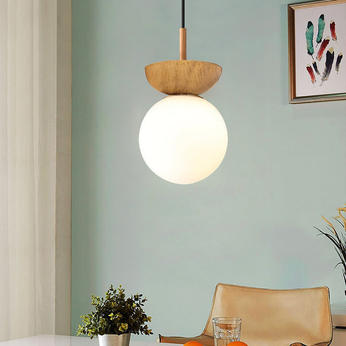 Single Globe Ceiling Light with Frosted Glass and Wooden Detail