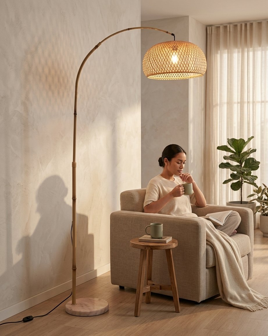 Nelvara Adjustable Arc Floor Lamp With Woven Rattan Shade And Marble Base