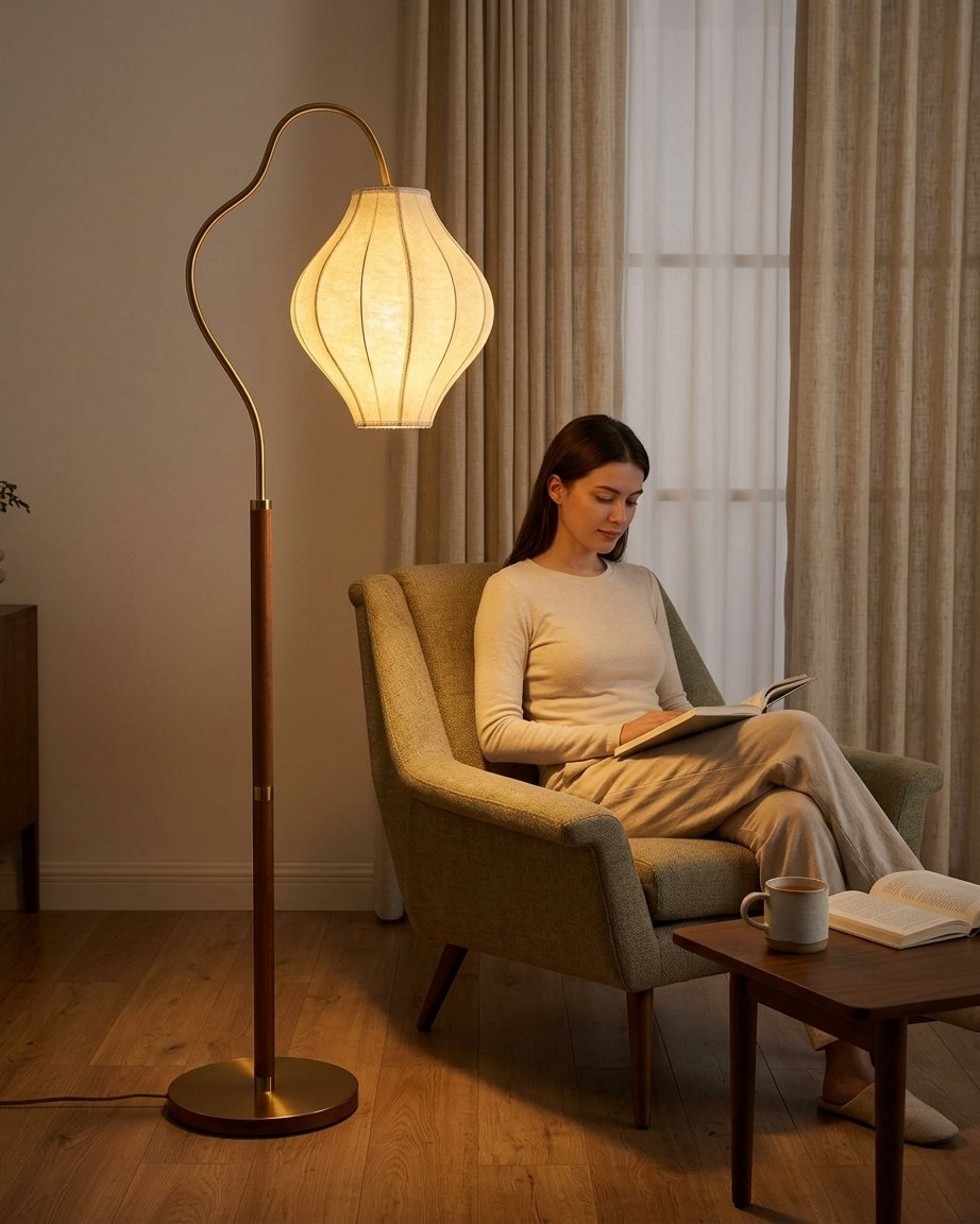 Lanaris Arc Floor Lamp with Pleated Fabric Shade and Walnut Finish Pole