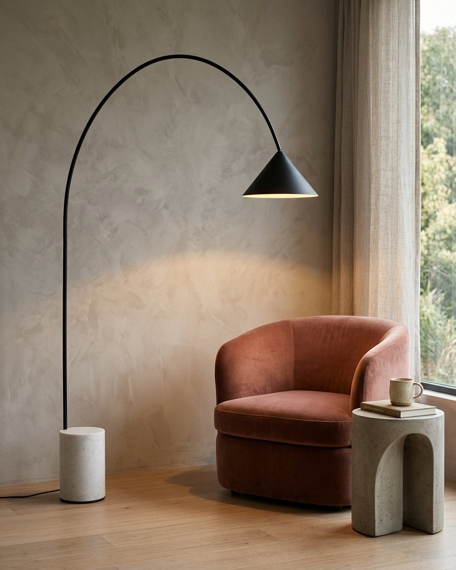 Arcvelle Arched Floor Lamp With Marble Plinth Base And Conical Metal Shade