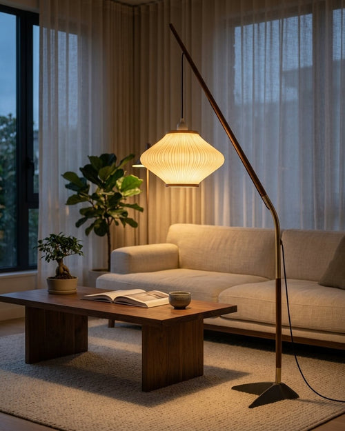 Arcivello Pleated Arc Floor Lamp with Walnut Tone Arm and Cream Ribbed Shade