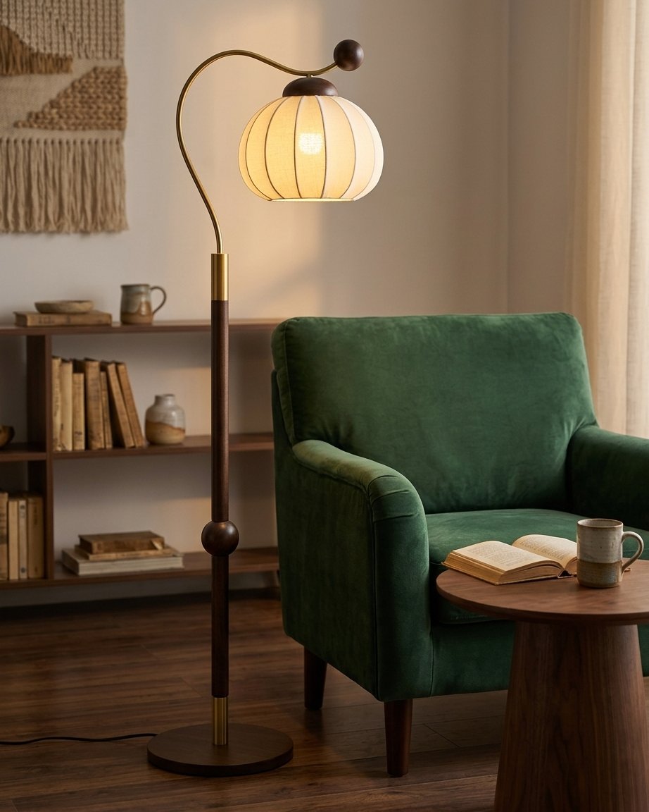 Pilovelle Retro Arc Floor Lamp With Pleated Pumpkin Shade and Walnut Finish pole