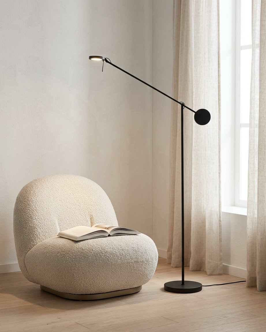 Veltara Integrated LED Swing Arm Disc Floor Lamp, Matt Black