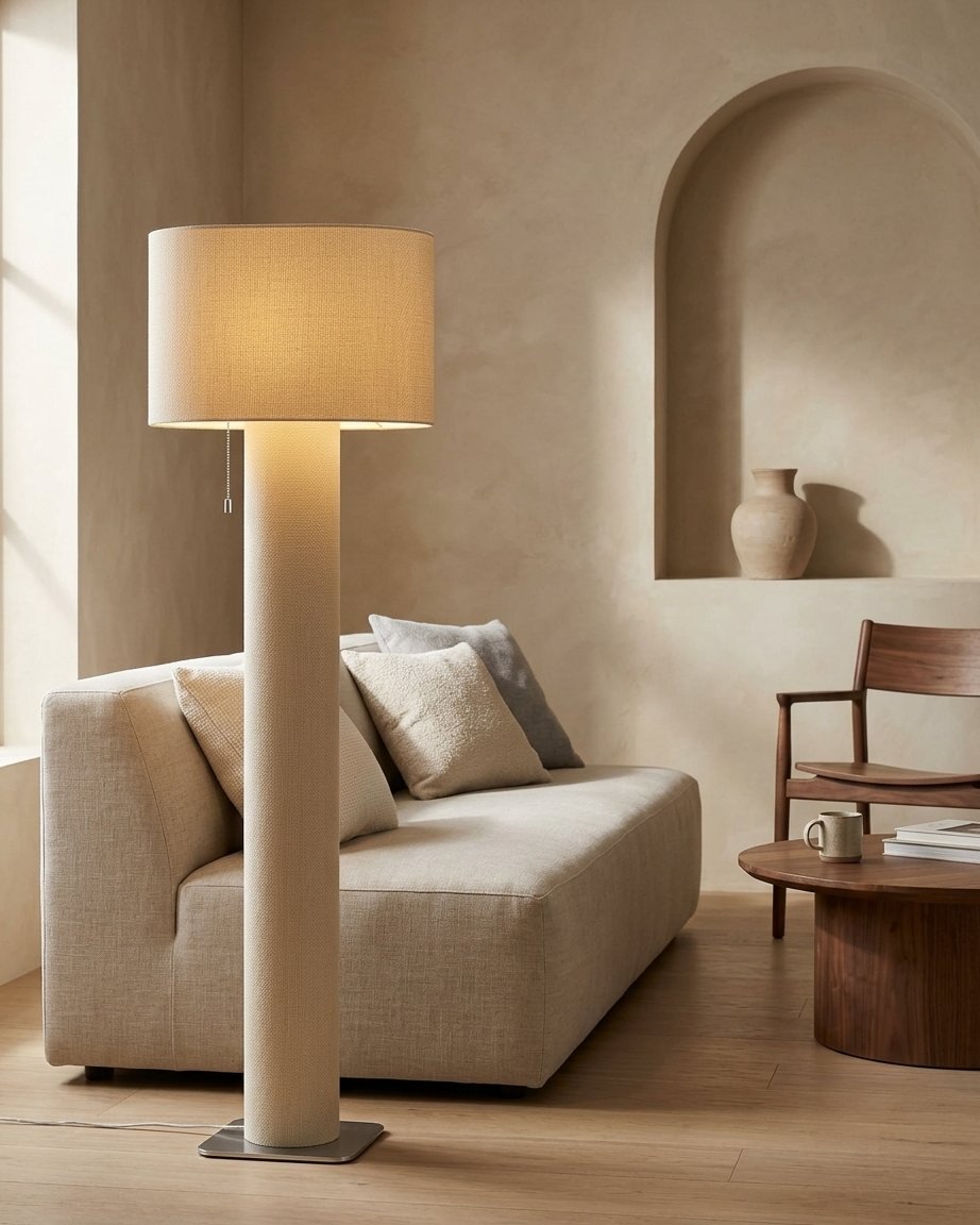 Velorne Wabi Sabi Fabric Column Table and Floor Lamp with Metal Base