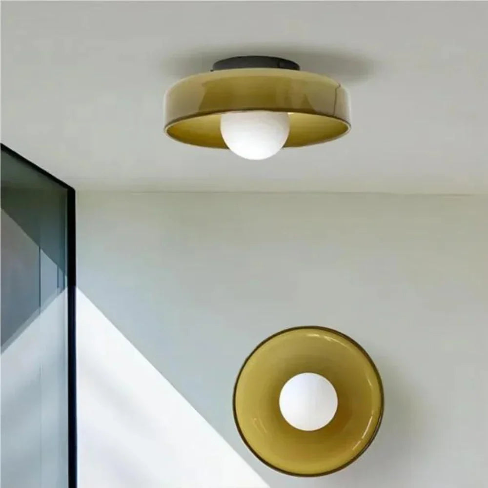 Olive Glass Disc Ceiling And Wall Light With Central Globe