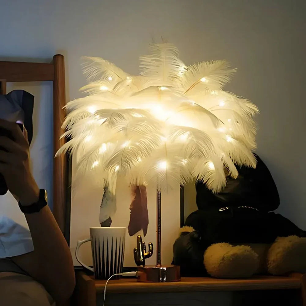 Feather Table Lamp With Metal Stem and Round Base for Ambient Lighting