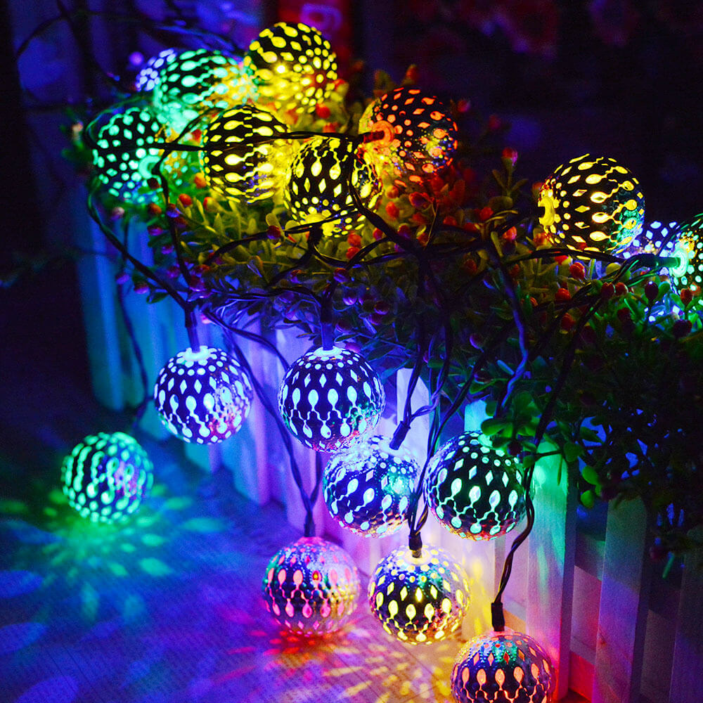 Solar Powered Garden String Lights With Moroccan Patterned Ball Lanterns