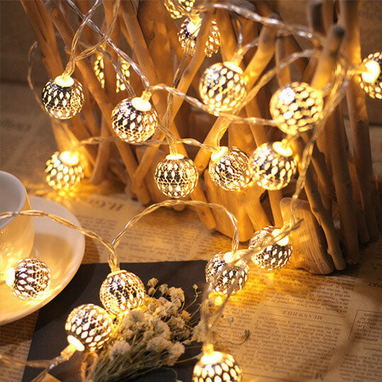 Solar Powered Garden String Lights With Moroccan Patterned Ball Lanterns