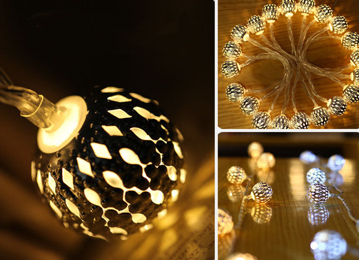Solar Powered Garden String Lights With Moroccan Patterned Ball Lanterns