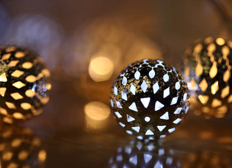 Solar Powered Garden String Lights With Moroccan Patterned Ball Lanterns