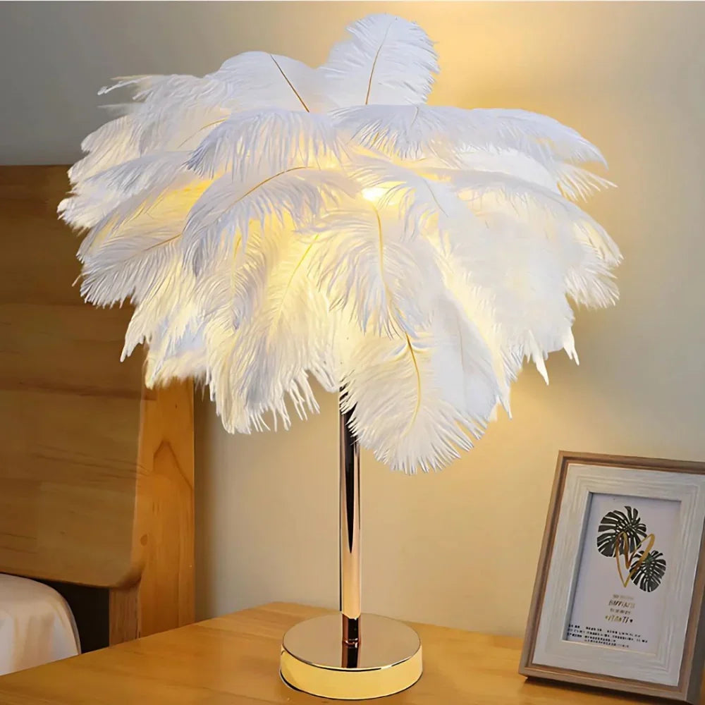Feather Table Lamp With Metal Stem and Round Base for Ambient Lighting
