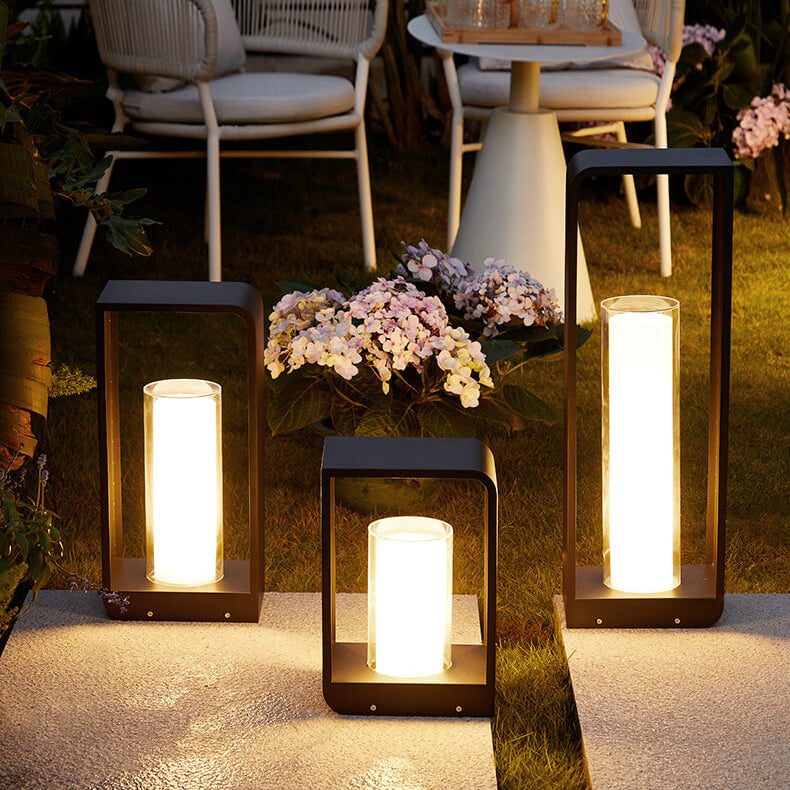 Black Rectangular Solar Outdoor Lantern with Frosted Glass for Garden Lighting