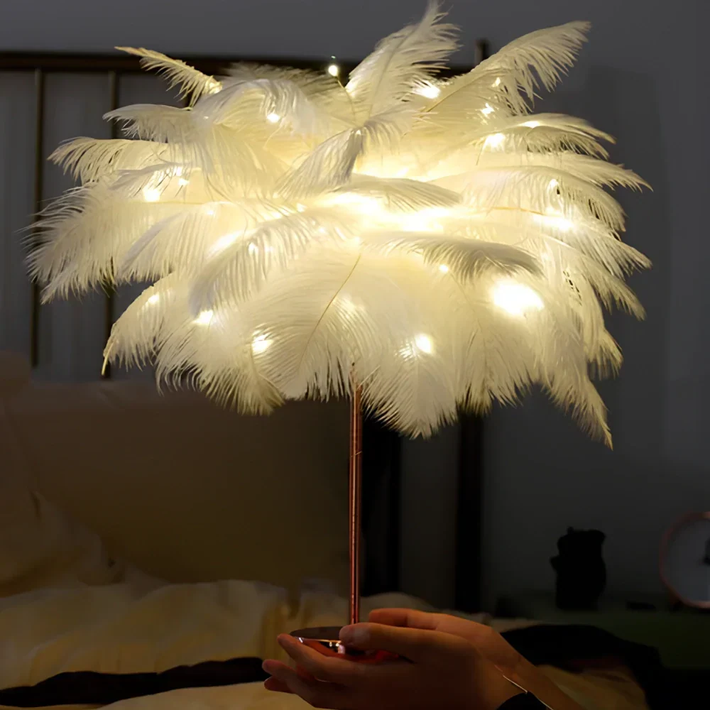 Feather Table Lamp With Metal Stem and Round Base for Ambient Lighting