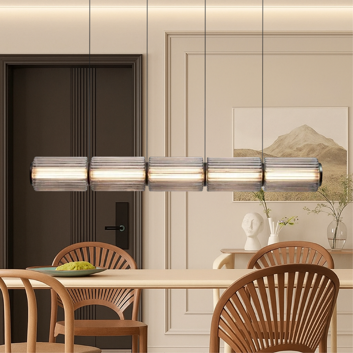 Cylinder Glass Pendant Lamp Adjustable Iron Lighting Fixture for Dining Room, Kitchen, or Bar