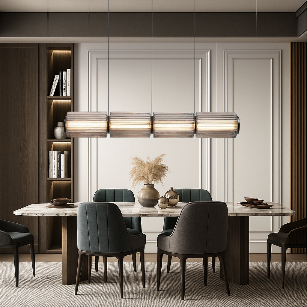 Cylinder Glass Pendant Lamp Adjustable Iron Lighting Fixture for Dining Room, Kitchen, or Bar