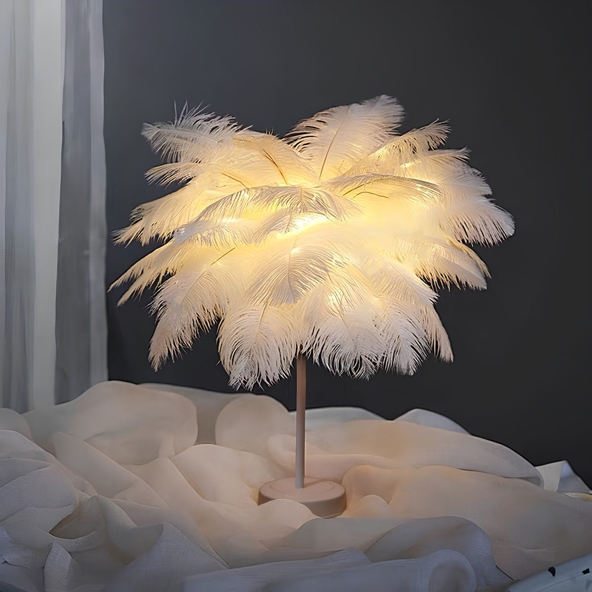 Feather Table Lamp With Metal Stem and Round Base for Ambient Lighting