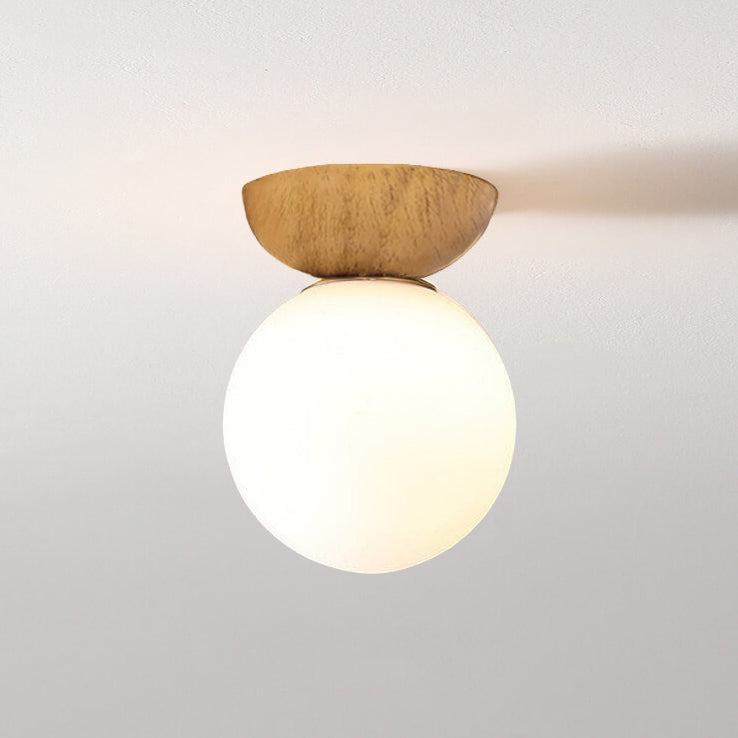 Single Globe Ceiling Light with Frosted Glass and Wooden Detail
