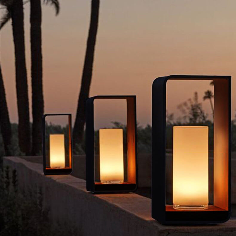Black Rectangular Solar Outdoor Lantern with Frosted Glass for Garden Lighting
