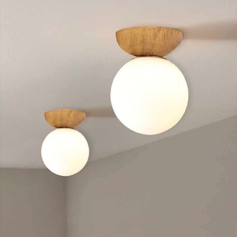 Single Globe Ceiling Light with Frosted Glass and Wooden Detail