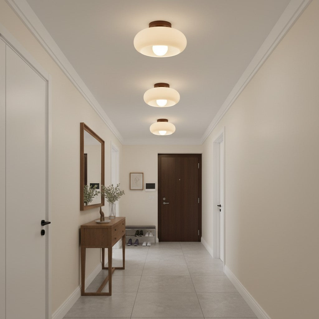 French Bauhaus Ceiling Light with Opal Glass Shade and Walnut Base