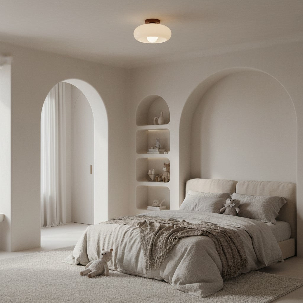 French Bauhaus Ceiling Light with Opal Glass Shade and Walnut Base