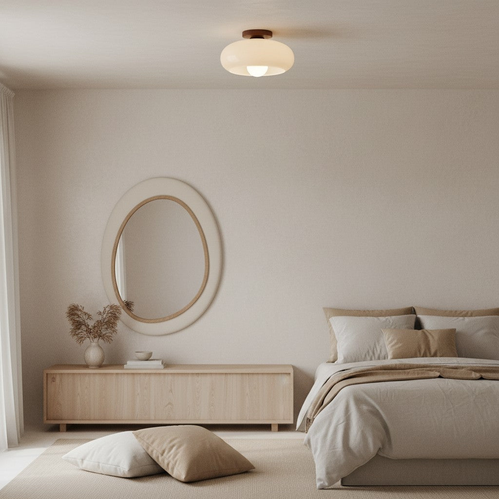 French Bauhaus Ceiling Light with Opal Glass Shade and Walnut Base