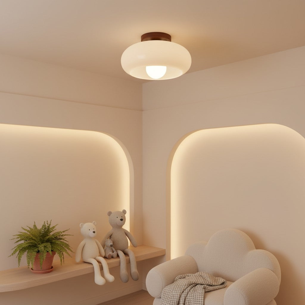 French Bauhaus Ceiling Light with Opal Glass Shade and Walnut Base