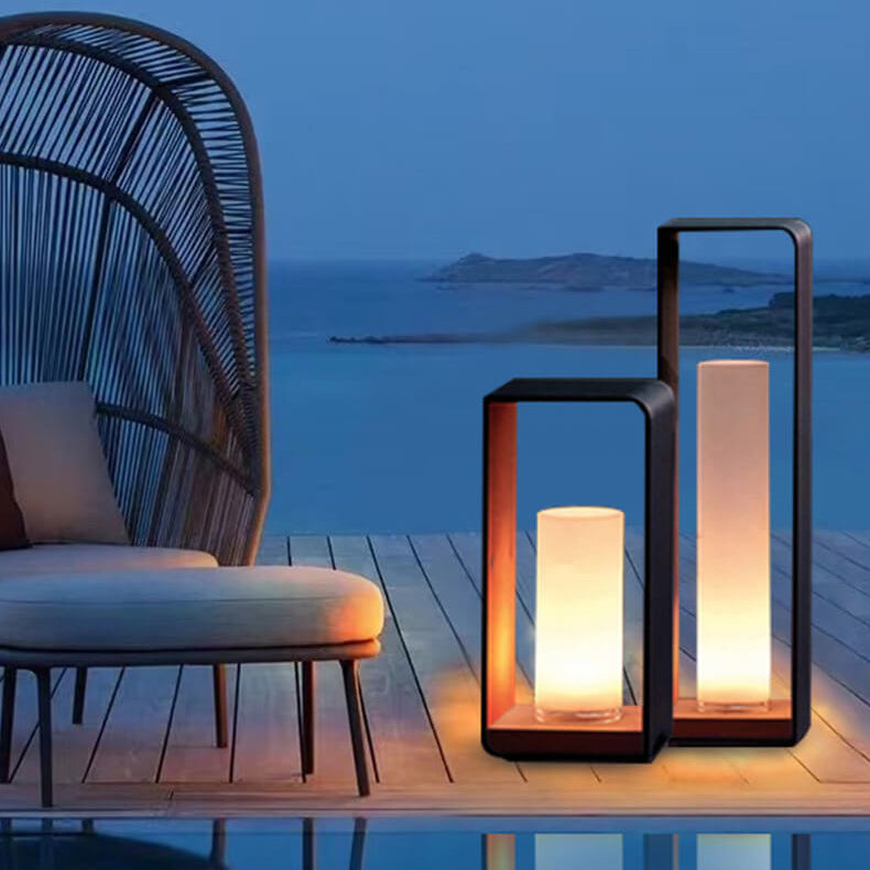 Black Rectangular Solar Outdoor Lantern with Frosted Glass for Garden Lighting