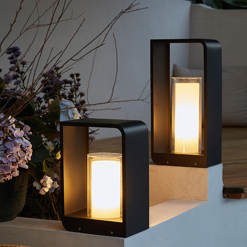 Black Rectangular Solar Outdoor Lantern with Frosted Glass for Garden Lighting