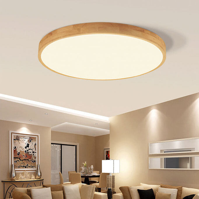 Nordic Round LED Flush Mount Ceiling Light with Natural Wood Frame